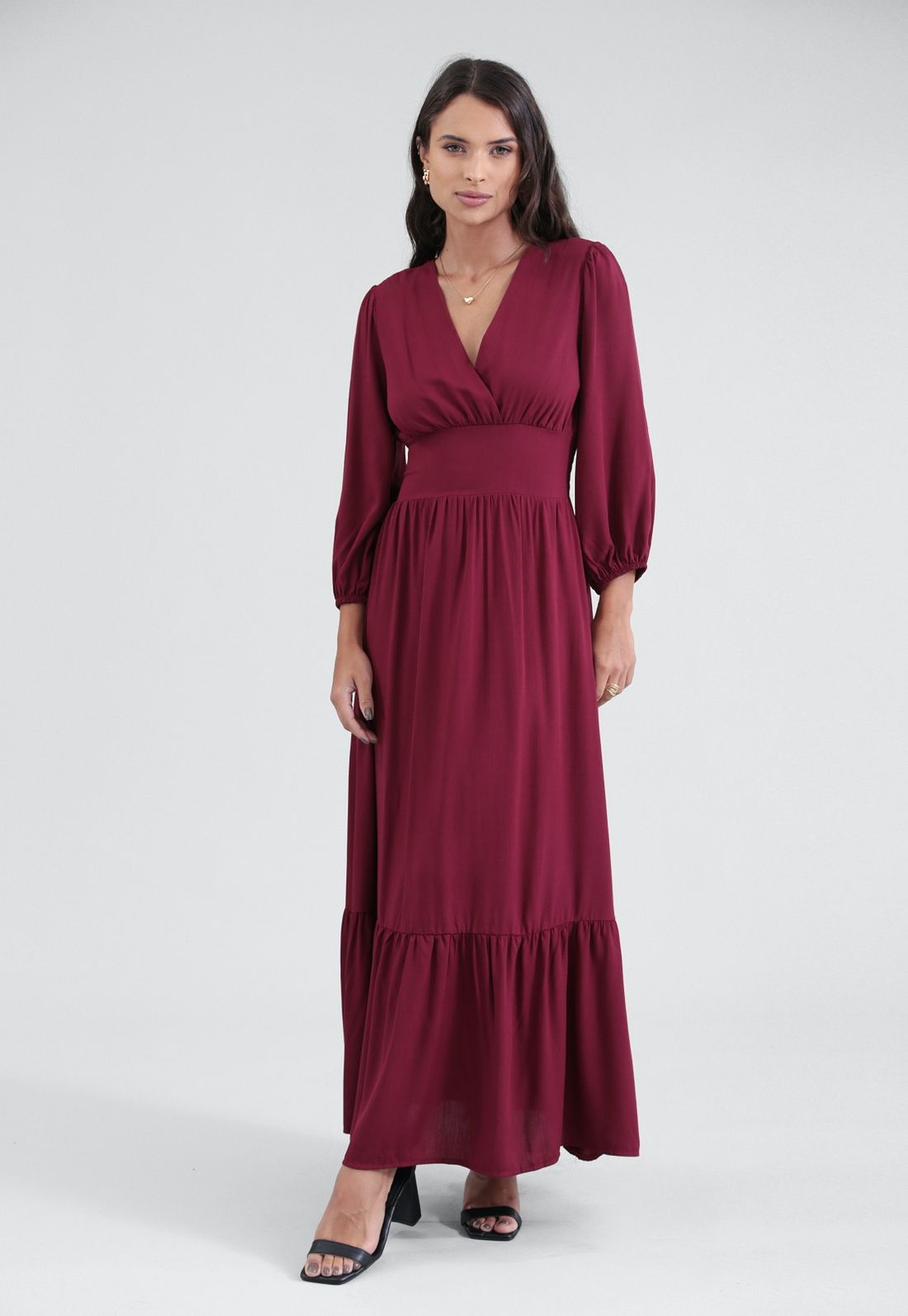 Vestido New Midi Em Viscose Manga 7/8 - Cor VINHO - Tamanho PP