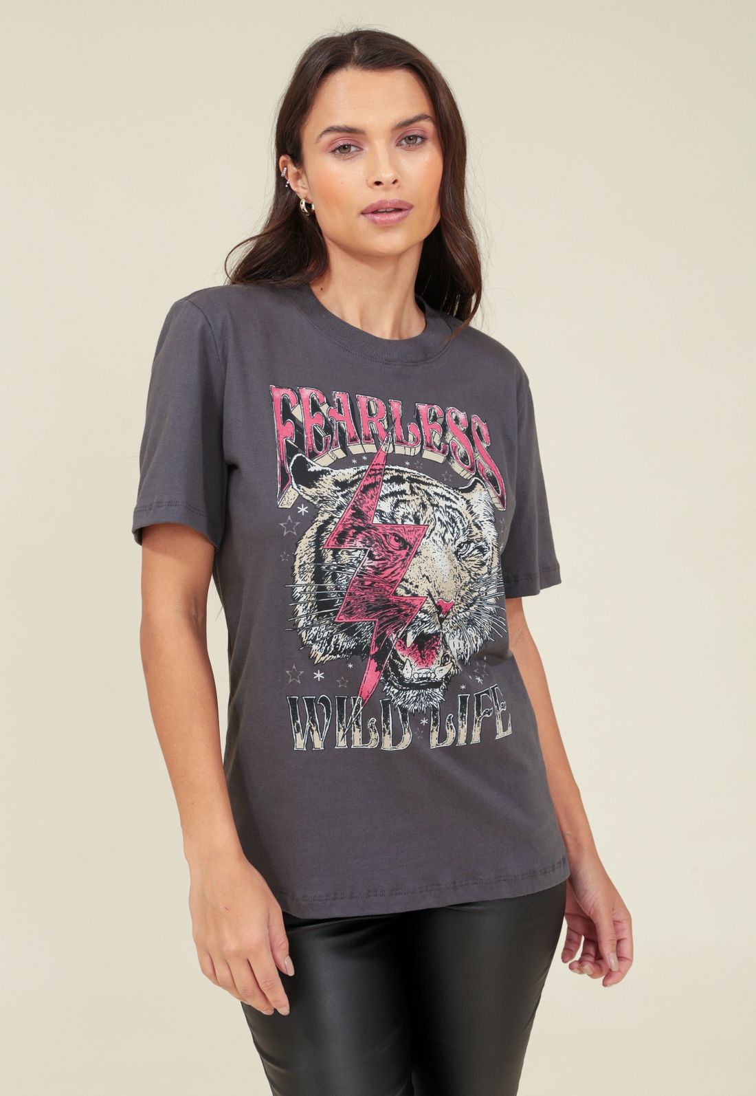 BLUSA T-SHIRT MANGA CURTA TIGRE FEARLESS - Cor CINZA - Tamanho PP