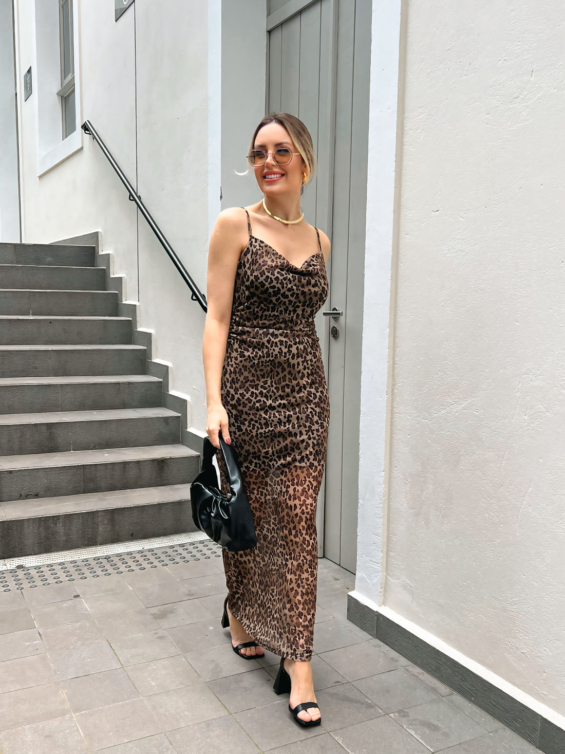 Vestido Midi Tule Alça Estampa Leopardo - Tamanho G - Cor PRETO