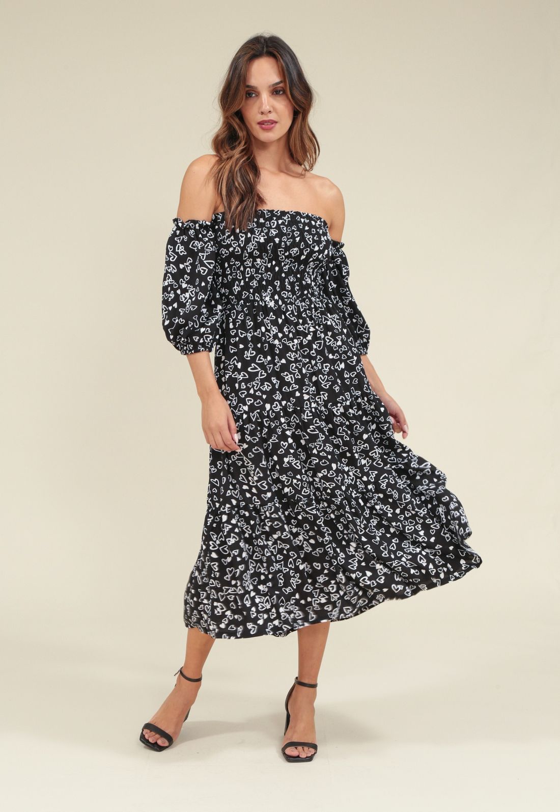 VESTIDO VISCOSE MIDI MANGA 7/8 ESTAMPADA LOVER - Cor PRETO - Tamanho PP