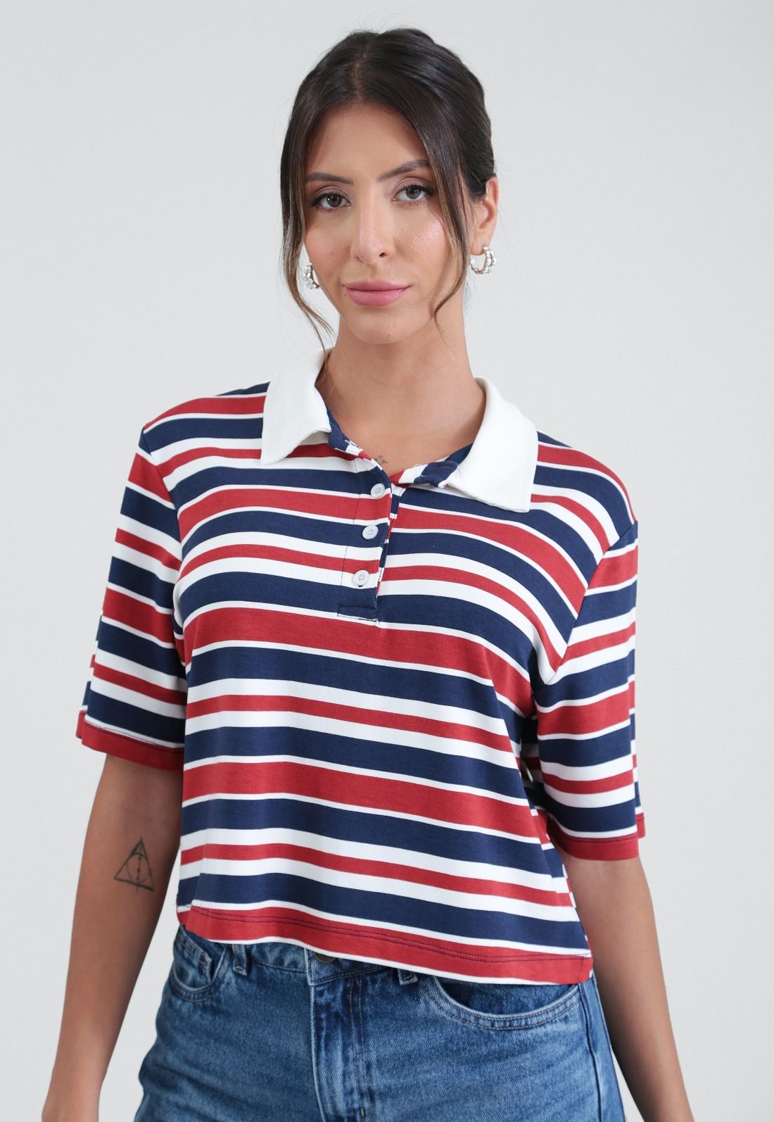 Blusa Polo Em Molecotton Listrada Manga Curta - Tamanho GG - Cor BRANCO