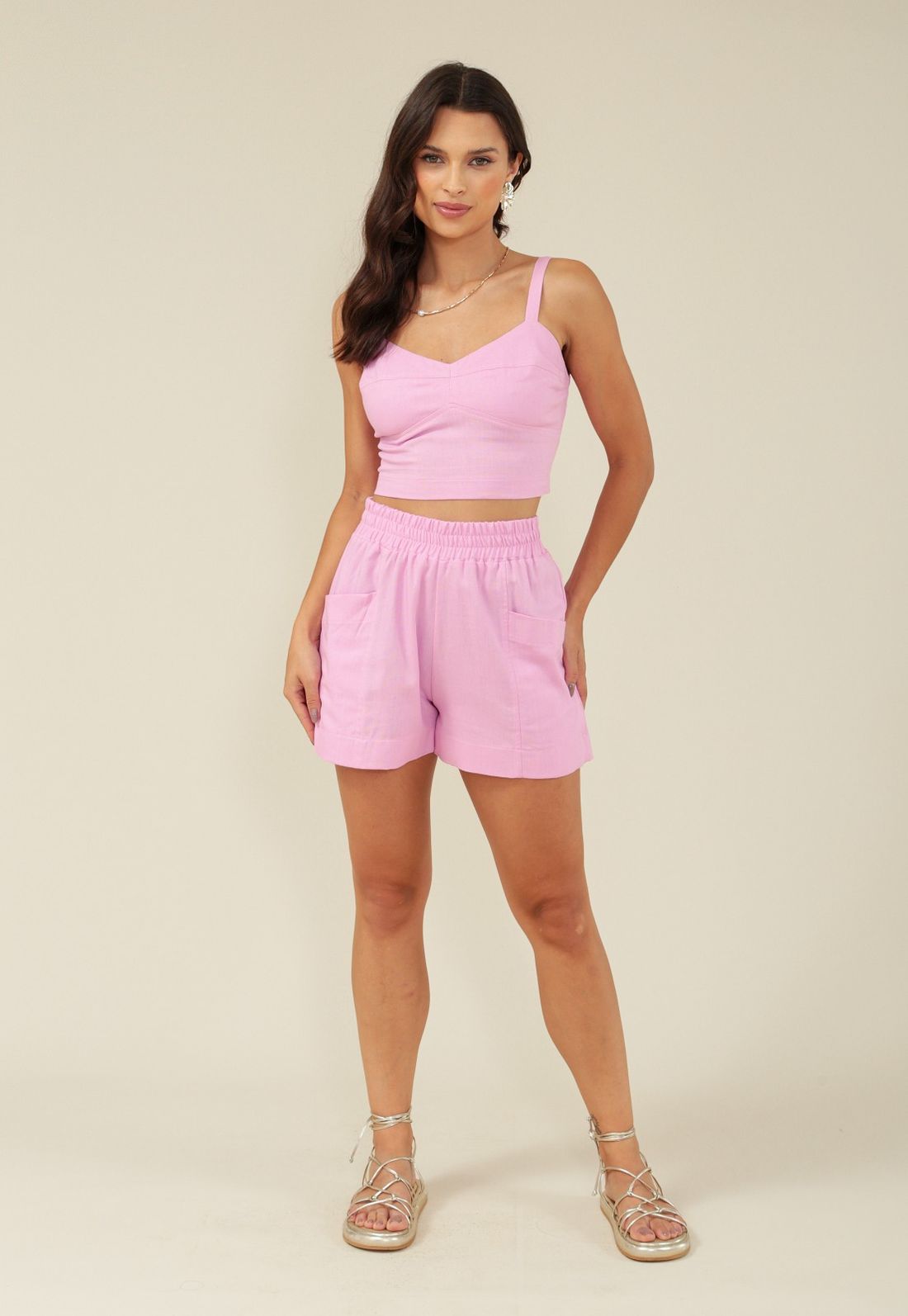 Short Em Linho Com Recorte E Bolso - Tamanho P - Cor ROSA