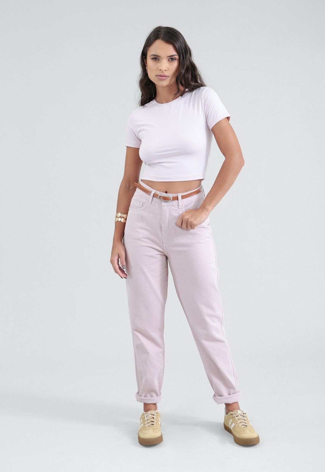 Calça Sarja Mom Básica Com Cinto - Cor ROSA - Tamanho 34