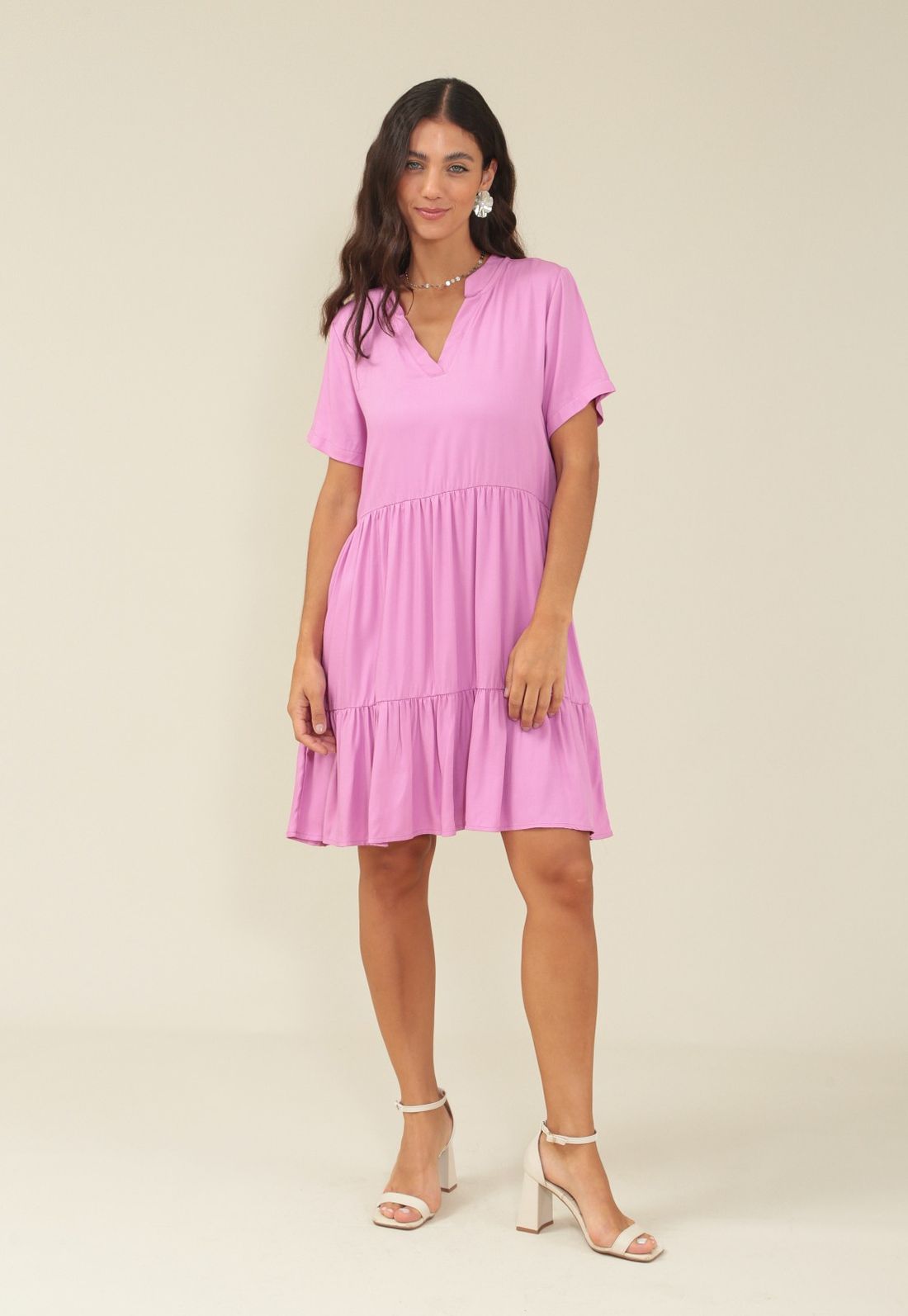 Vestido Curto Em Viscose Twill Com Gola Padre E Recortes - Cor ROSA - Tamanho PP