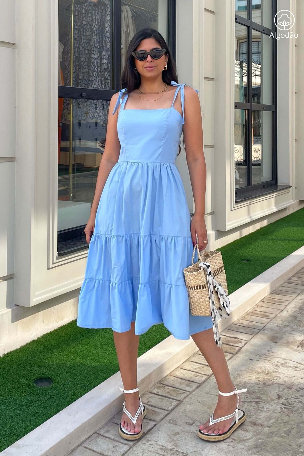 Vestido Midi Camadas De Alças Tricoline Algodão Azul Claro Athenas