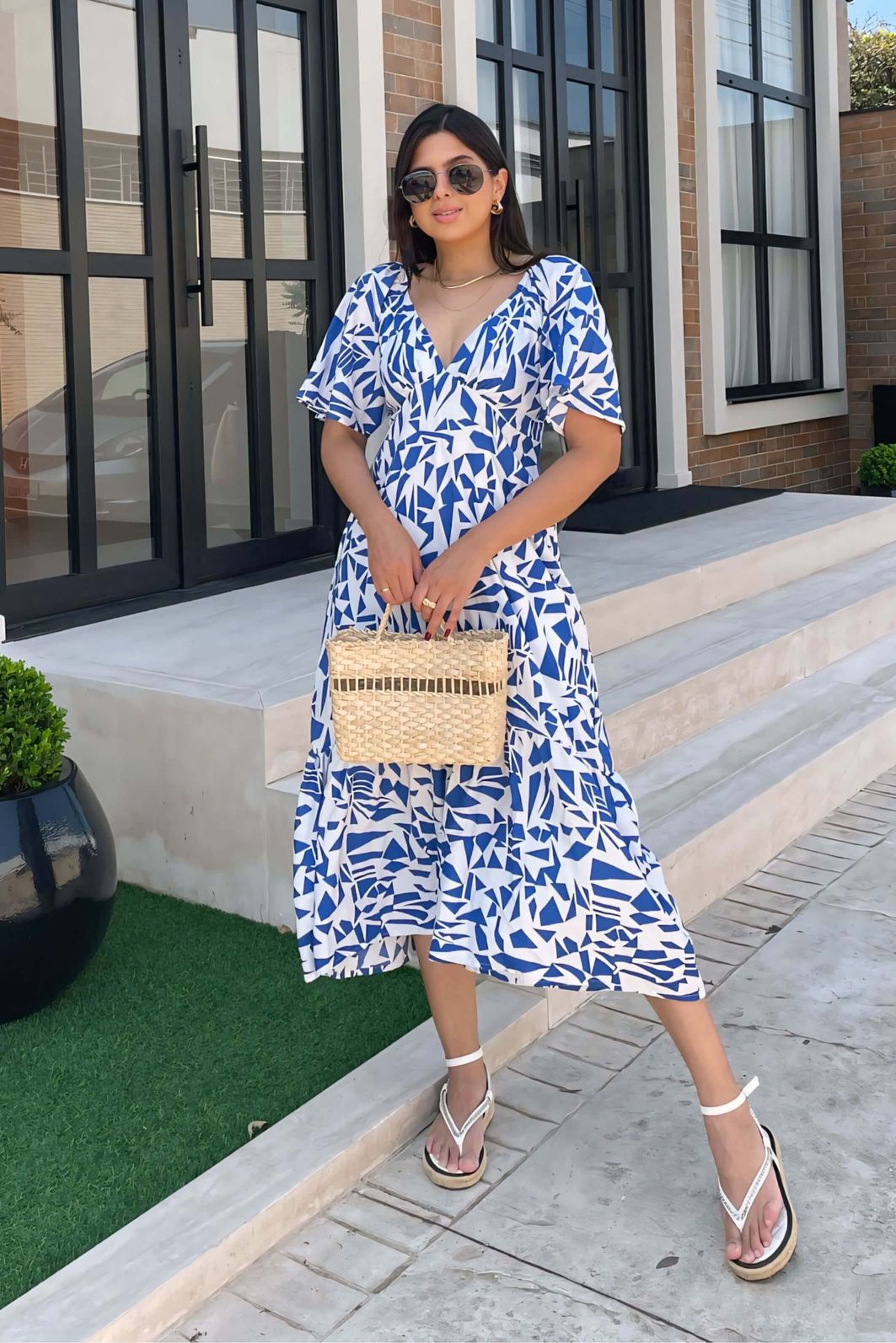 Vestido Midi Vestido Estampado Viscose Vestido Midi Manga Curta