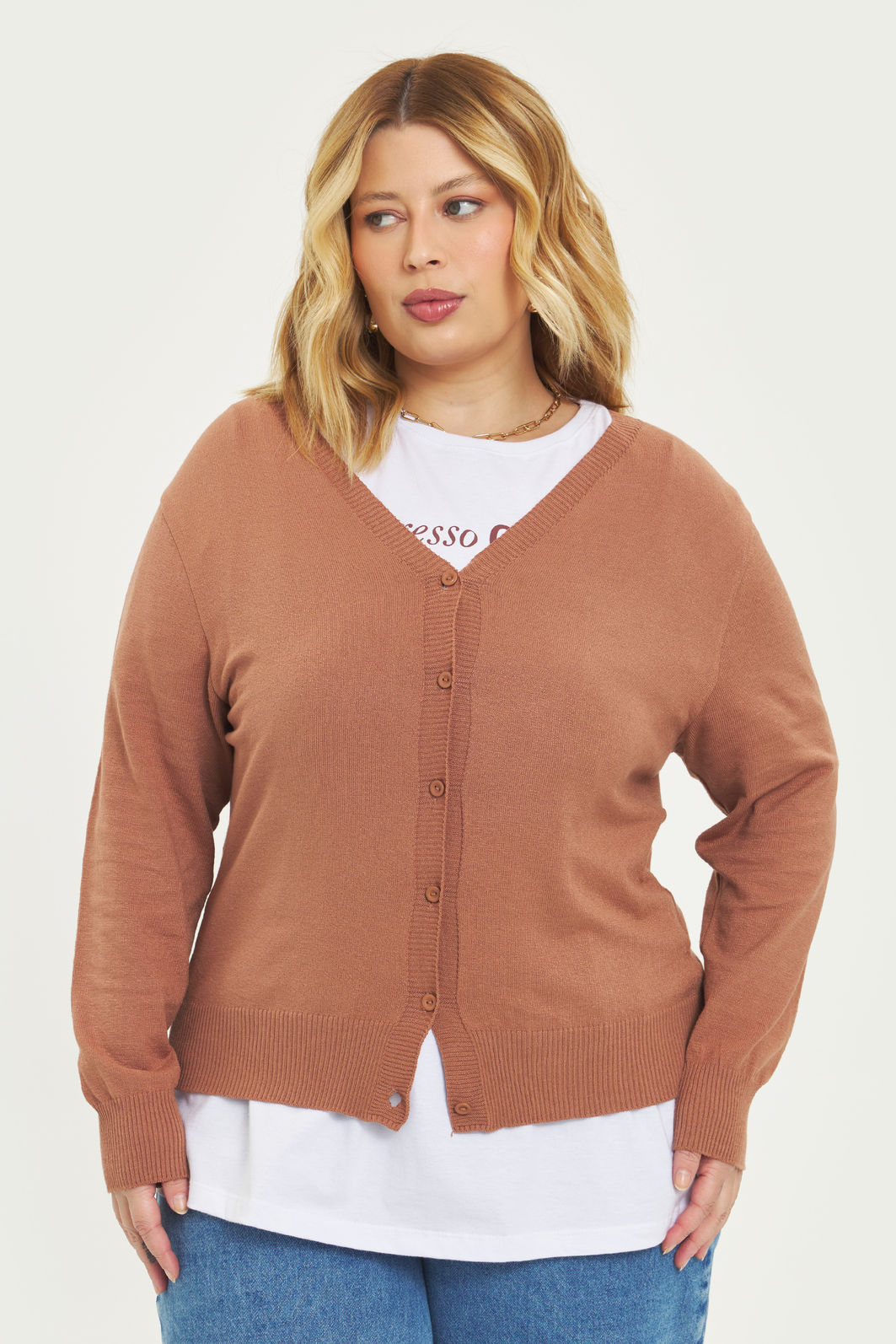 Cardigan Leve Tricô Latte Plus Size