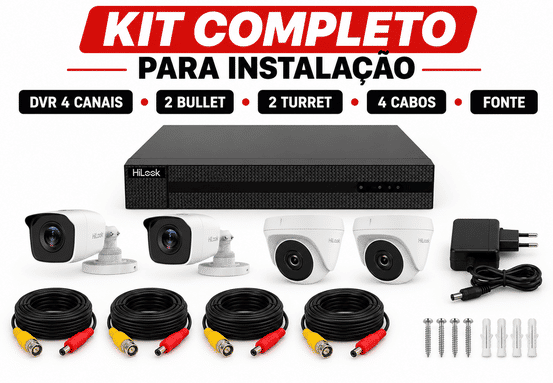 Conteúdo do kit HiLook TK-4142MH-MH: DVR, câmeras, cabos, fonte e acessórios