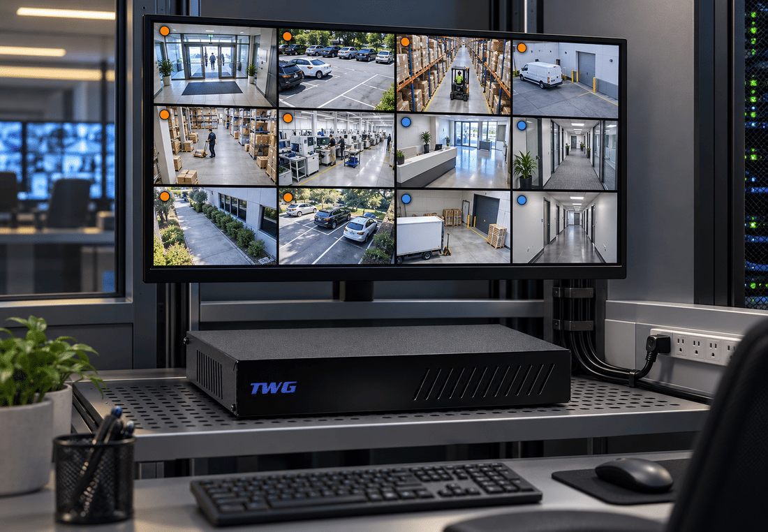 DVR híbrido TWG TW-5208 FD exibindo 12 câmeras em um monitor