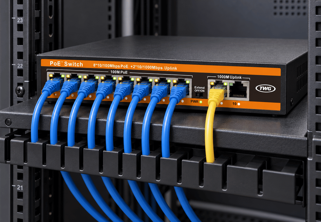 8 portas PoE Fast Ethernet e 2 portas Uplink Gigabit do switch TWG TW-4810 AI