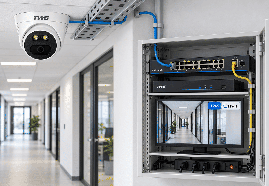 Câmera dome TWG TW-5611 AR conectada a switch PoE e NVR