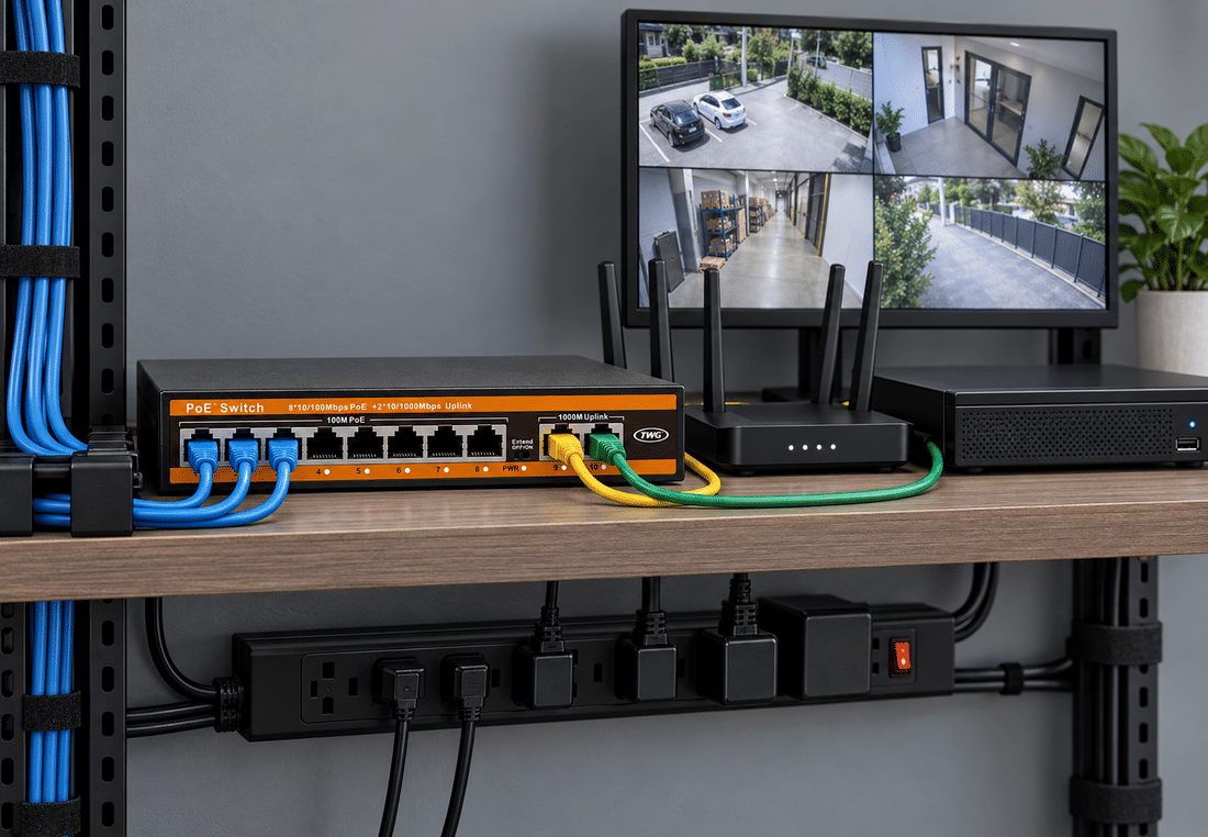 Switch TWG TW-4810 AI integrado a NVR, roteador e monitor de cameras