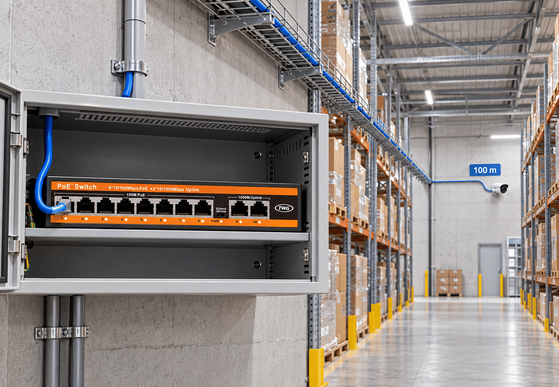 Switch TWG TW-4810 AI instalado em quadro industrial com chave Extend