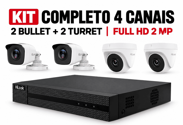 Kit CFTV HiLook Hikvision TK-4142MH-MH com DVR 4 Canais, 2 Câmeras Bullet e 2 Turret Full HD 2MP