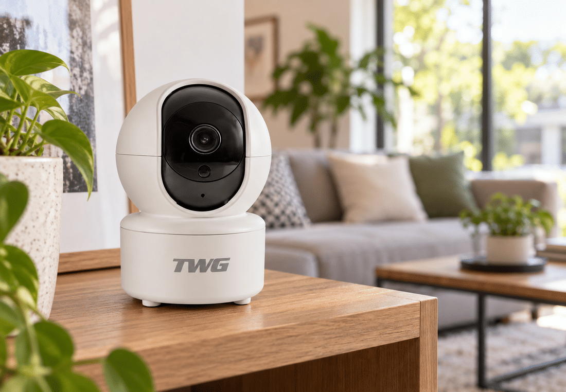 Câmera robô Wi-Fi TWG TW-9500 RB sobre mesa em sala de estar