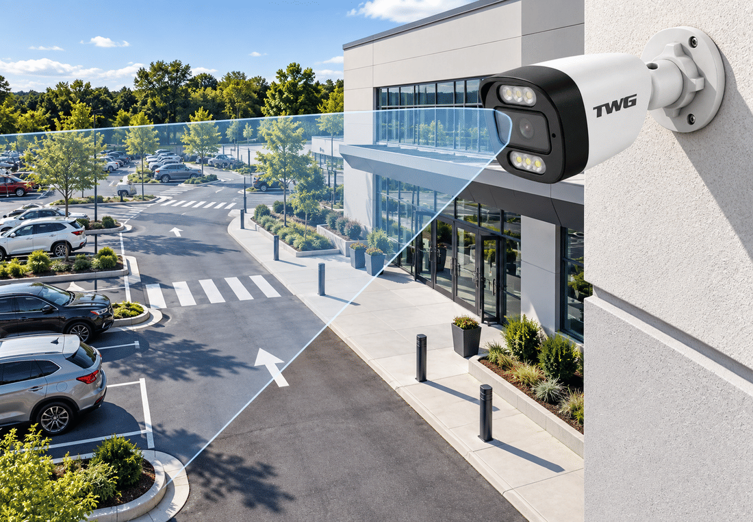 Câmera TWG TW-6611 AR com lente fixa de 2,8 mm monitorando estacionamento e fachada