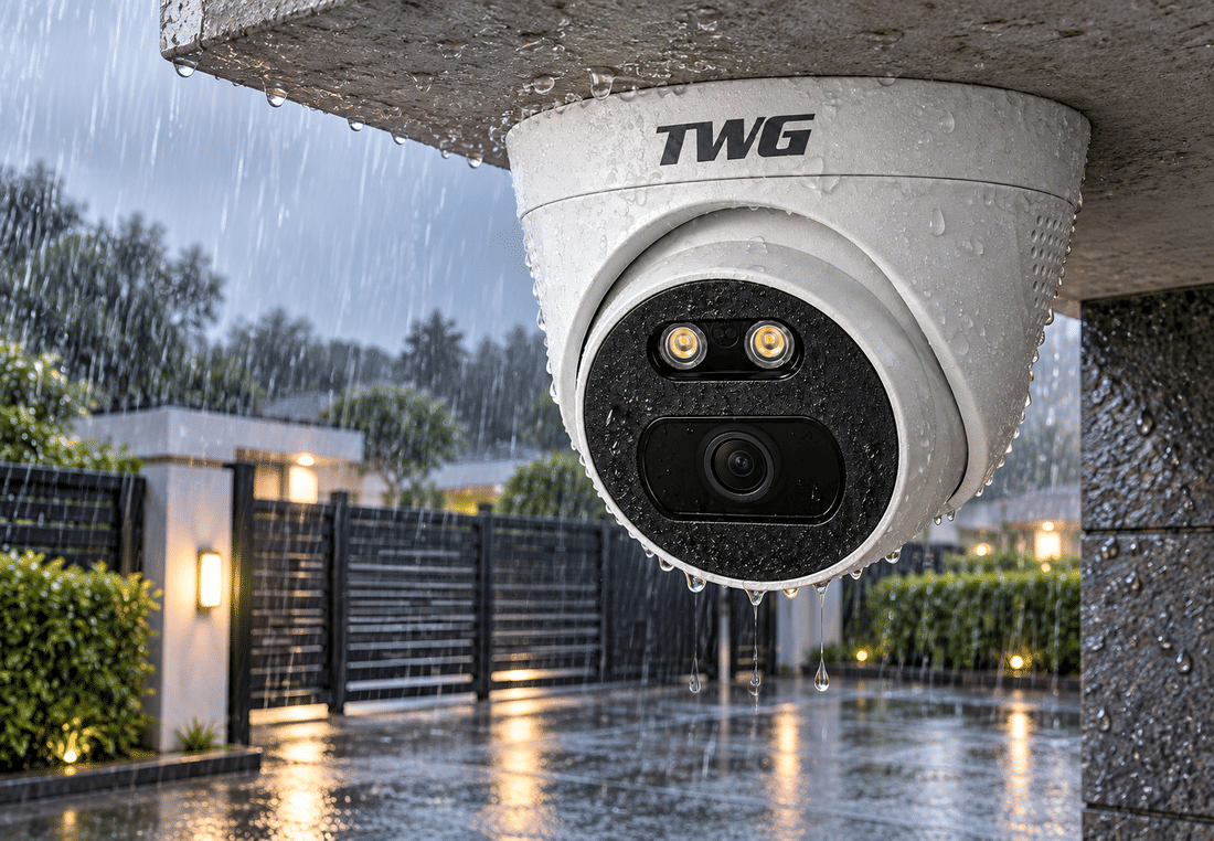 Câmera dome TWG TW-5611 AR com corpo metálico instalada em área externa coberta