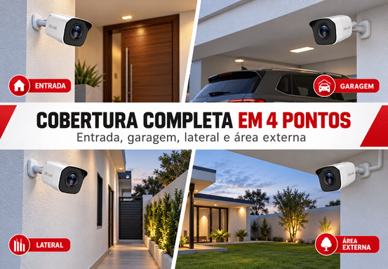 Kit HiLook TK-4142BH-MP com 4 câmeras bullet cobrindo diferentes pontos do imóvel