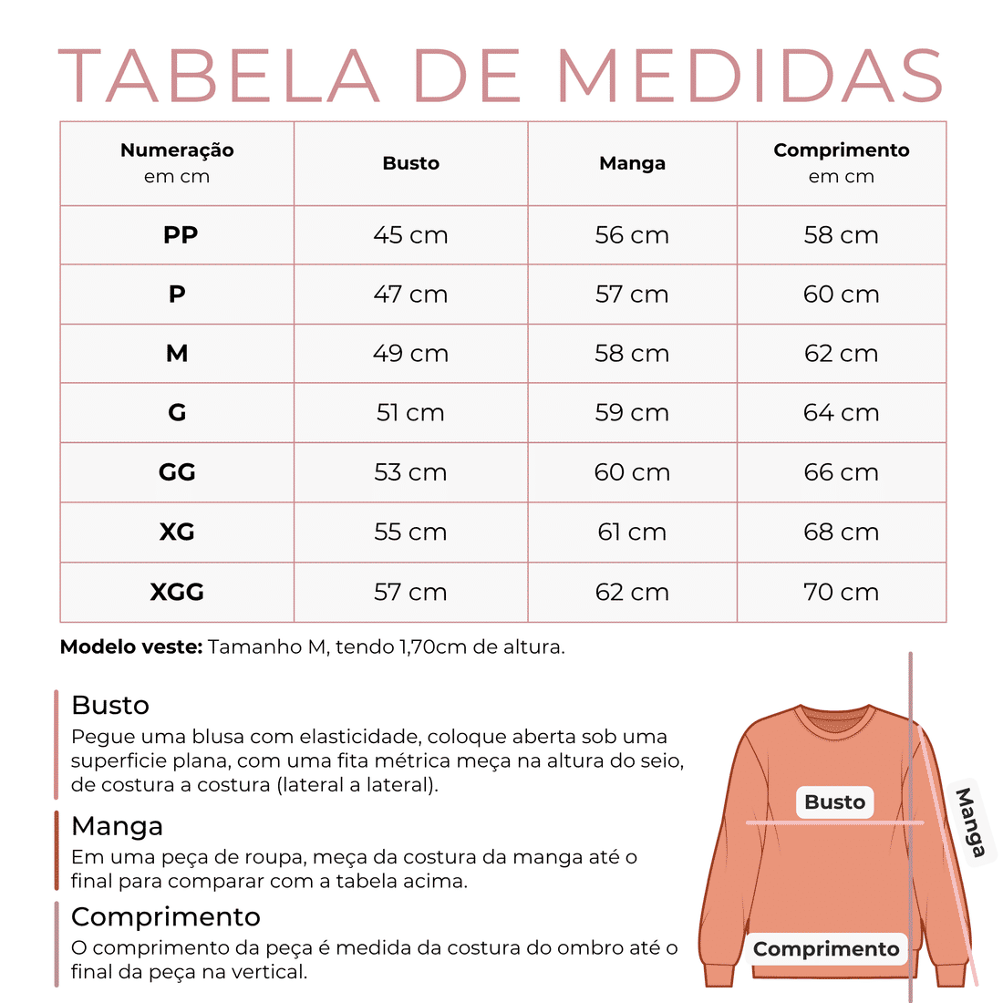 Tabela de medidas em centímetros (busto, manga, comprimento): PP 45, 56, 58; P 47, 57, 60; M 49, 58, 62; G 51, 59, 64; GG 53, 60, 66; XG 55, 61, 68; XGG 57, 62, 70. Modelo veste M e tem 1,70 m. Busto: com a blusa aberta sobre superfície plana, meça na altura do seio, de costura a costura. Manga: da costura da manga até o final. Comprimento: do ombro até o final da peça, na vertical.