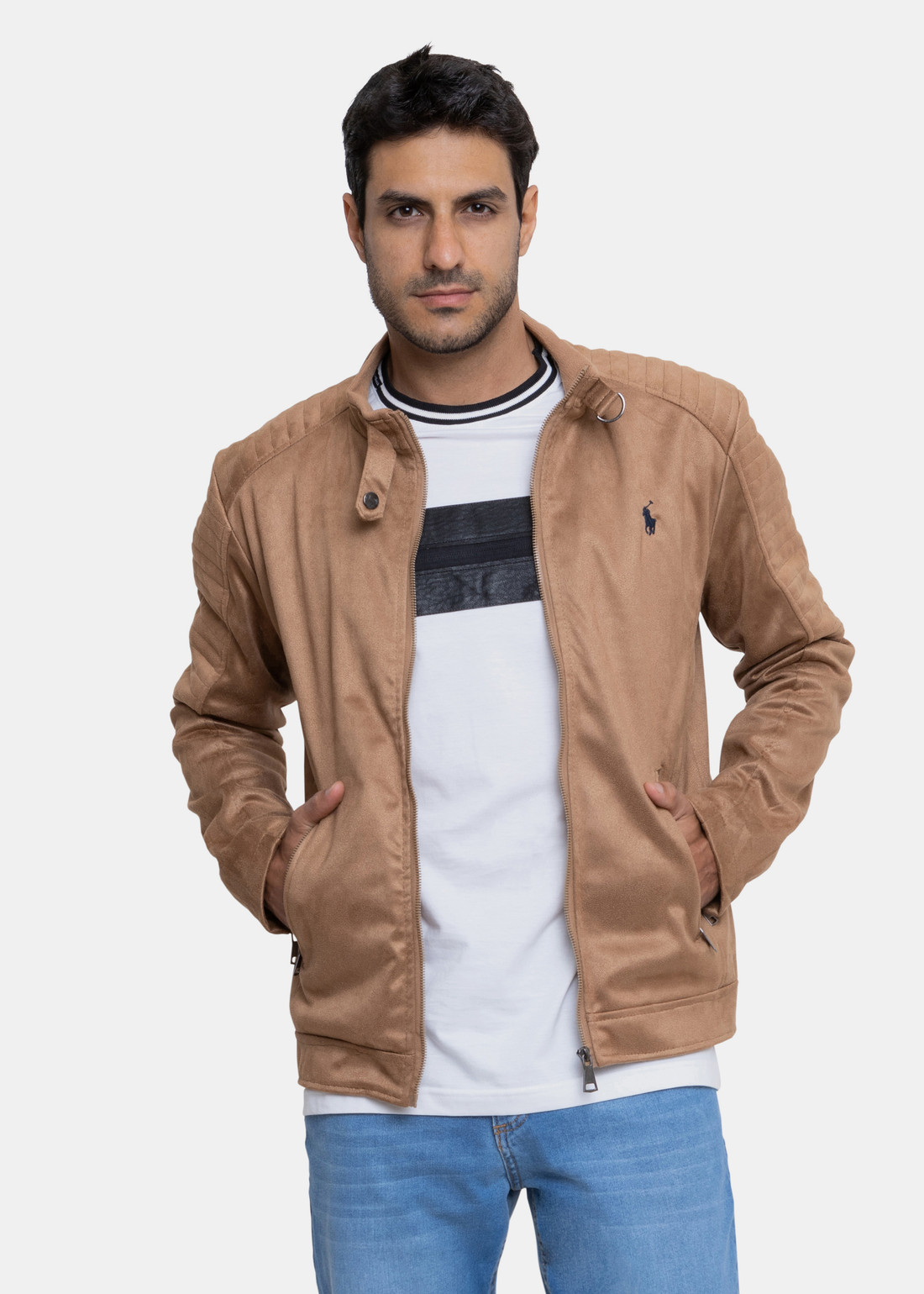 Jaqueta Ralph Lauren Masculina Biker Suede Navy Icon Ocre TheVest