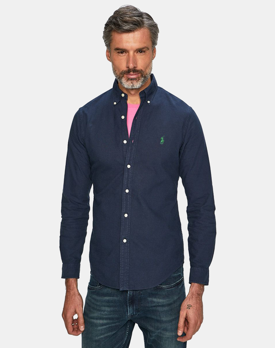 Camisa Ralph Lauren Custom Fit Sarja Green Icon Azul Marinho