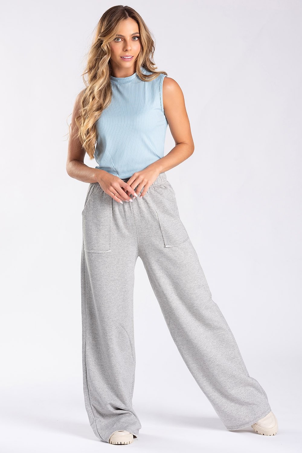 Calça Wide Leg Moletom Mescla Larel Moda Feminina