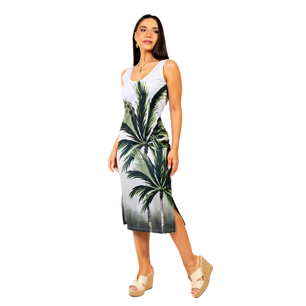 Vestido Estampado Canelado Midi Palmeiras