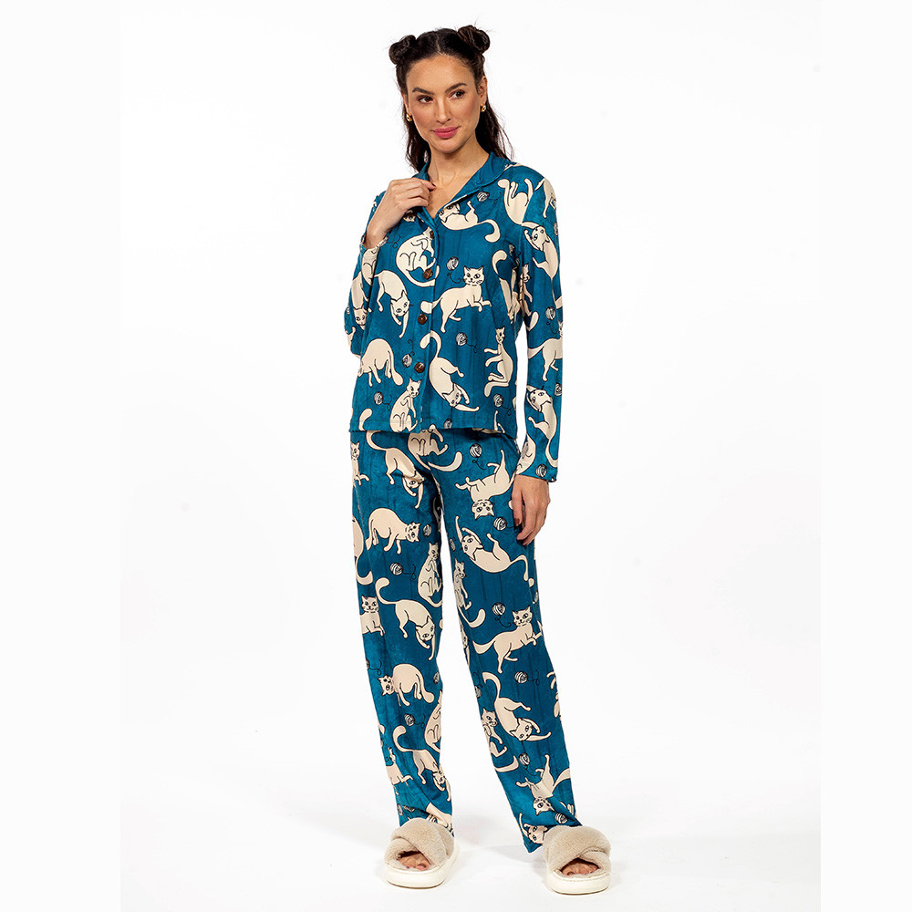 Conjunto Pijama Americano Longo Adulto Gato Brincando Novelo
