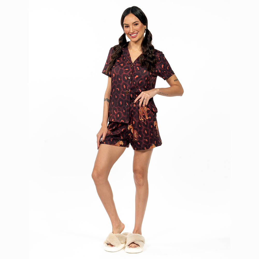 Conjunto Pijama Americano Curto Onças Animal Print