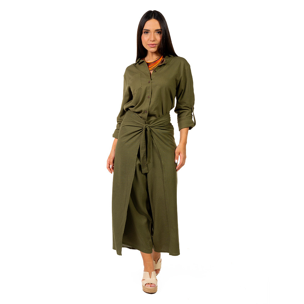 Calça Transpassada Linho Verde Musgo