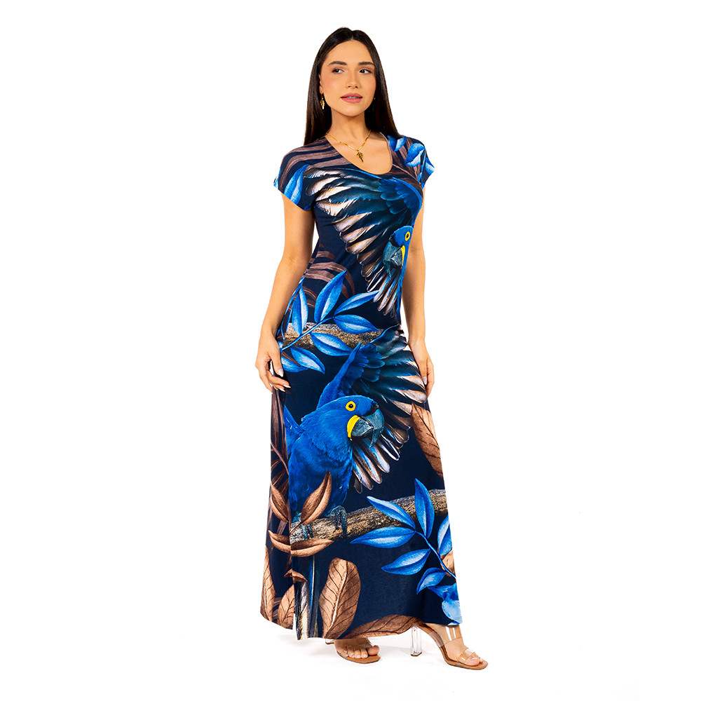 Vestido Longo Jeri Arara Tons Azul e Marrom 