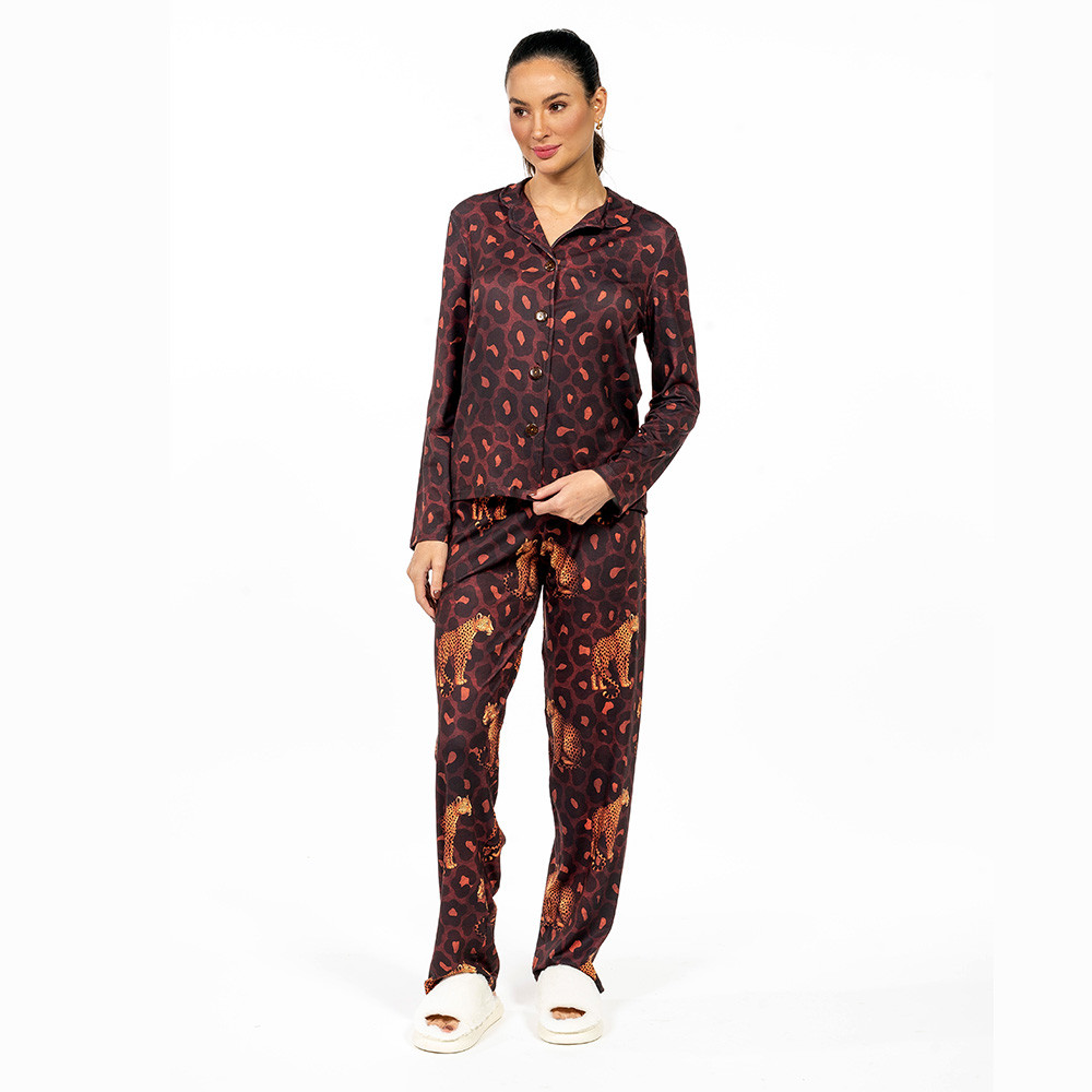 Conjunto Pijama Americano Longo Adulto Onças Animal Print