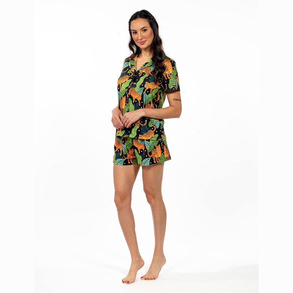 Conjunto Pijama Americano Curto Onças Folhas Poa