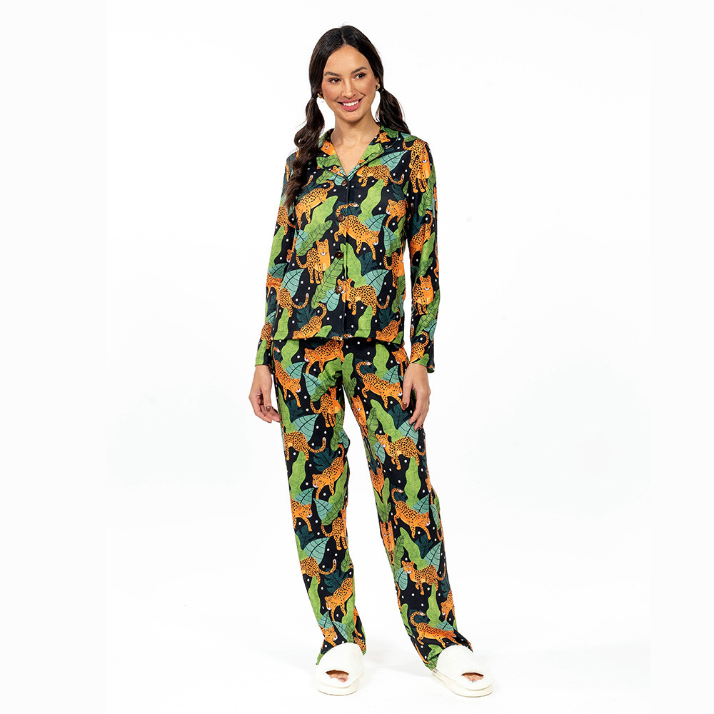 Conjunto Pijama Americano Longo Adulto Onças Folhas Poa