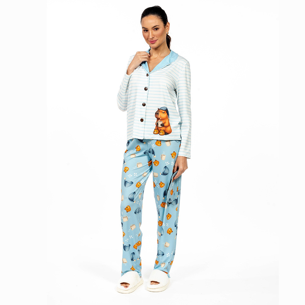 Conjunto Pijama Americano Longo Adulto Capivara Pantufa e Café