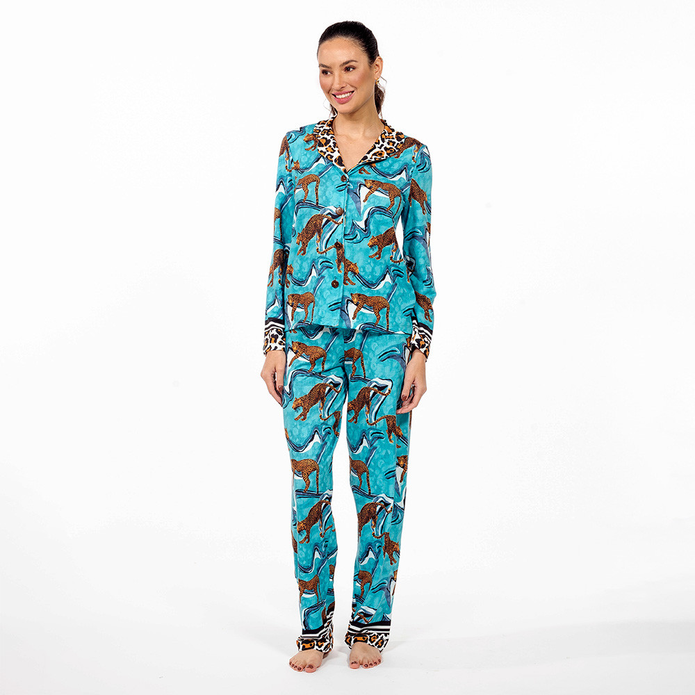 Conjunto Pijama Americano Longo Adulto Onças Ondas