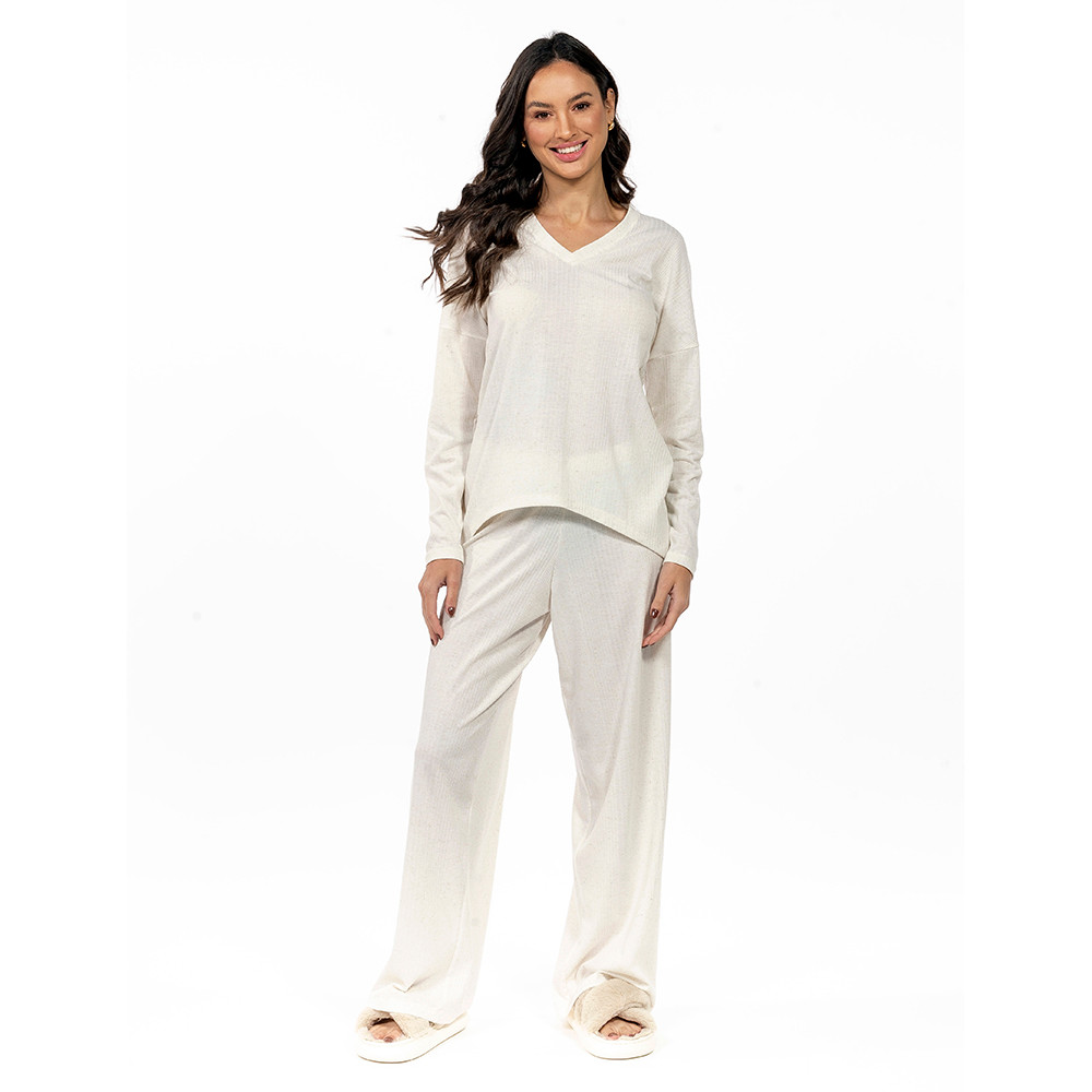Conjunto Pijama Longo Canelado Off White