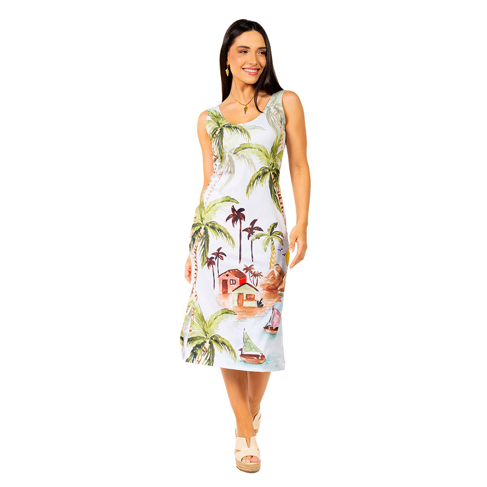 Vestido Estampado Canelado Midi Caju Cacto Praia Aquarela 