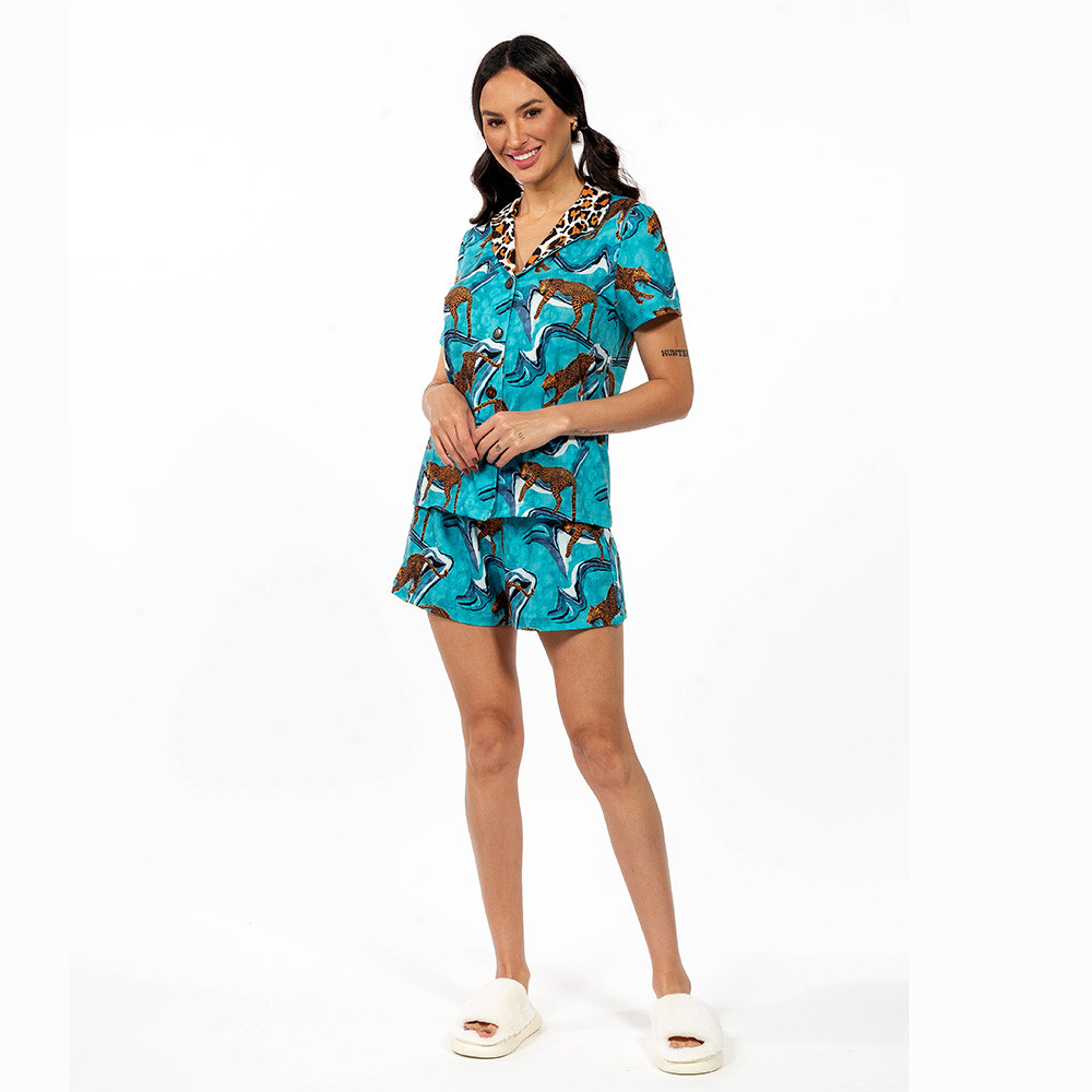 Conjunto Pijama Americano Curto Onças Ondas