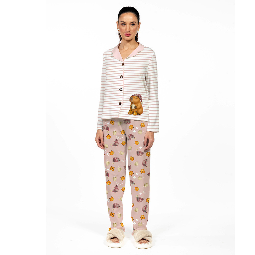 Conjunto Pijama Americano Longo Adulto Capivara Touca Rosa