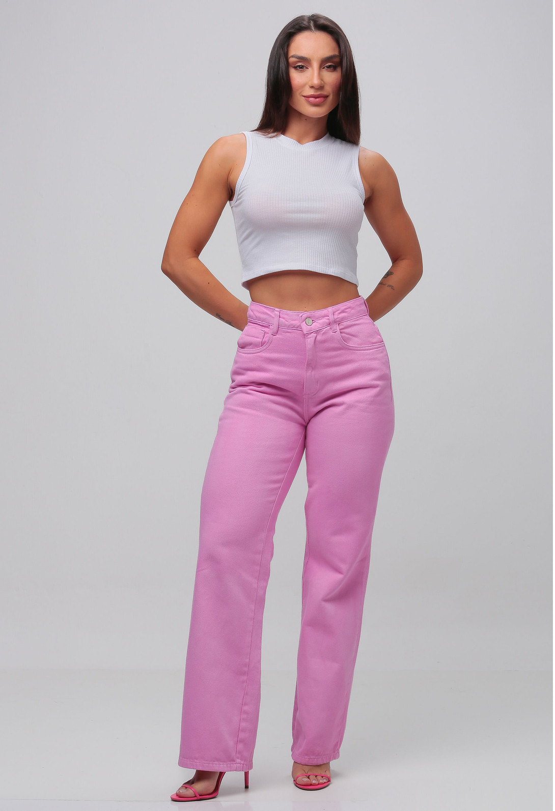 Calça Jeans Wide Leg Feminina Rosa Claro 25761 767 Jeans