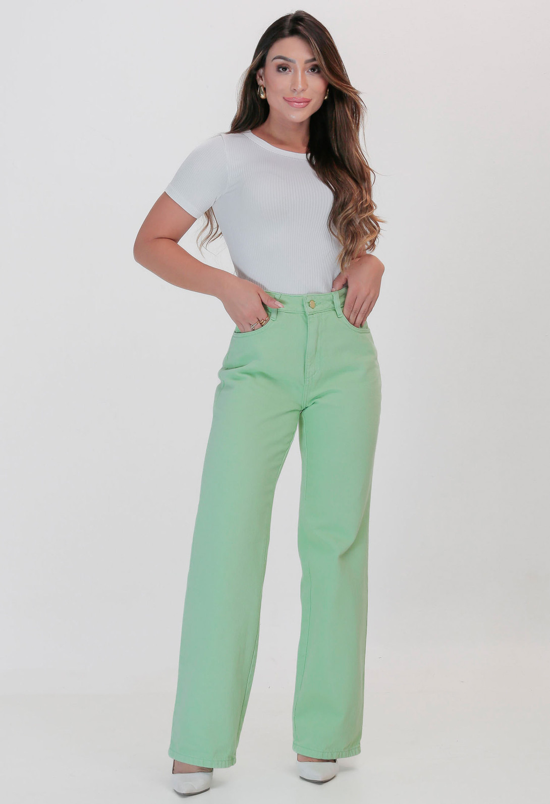 Calça Jeans Wide Leg Feminina Verde 25786 767 Jeans