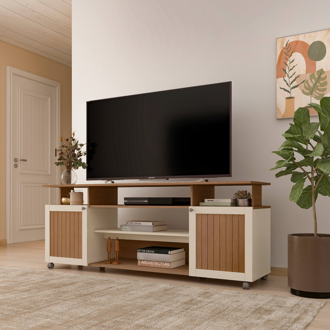 Rack Artely Ipanema para TV 75, MDF/MDP, Cinamomo e Off White Tio