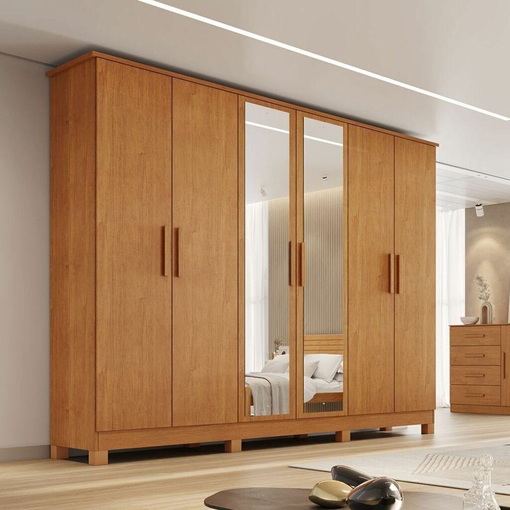 Guarda-Roupa Casal Com Espelho Em MDF 6 Portas Bianchi Nina Nature