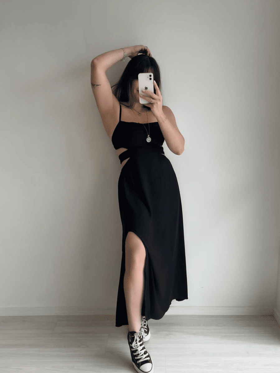 Vestido Midi com fenda Preto Moldavita Boutique Loja Virtual