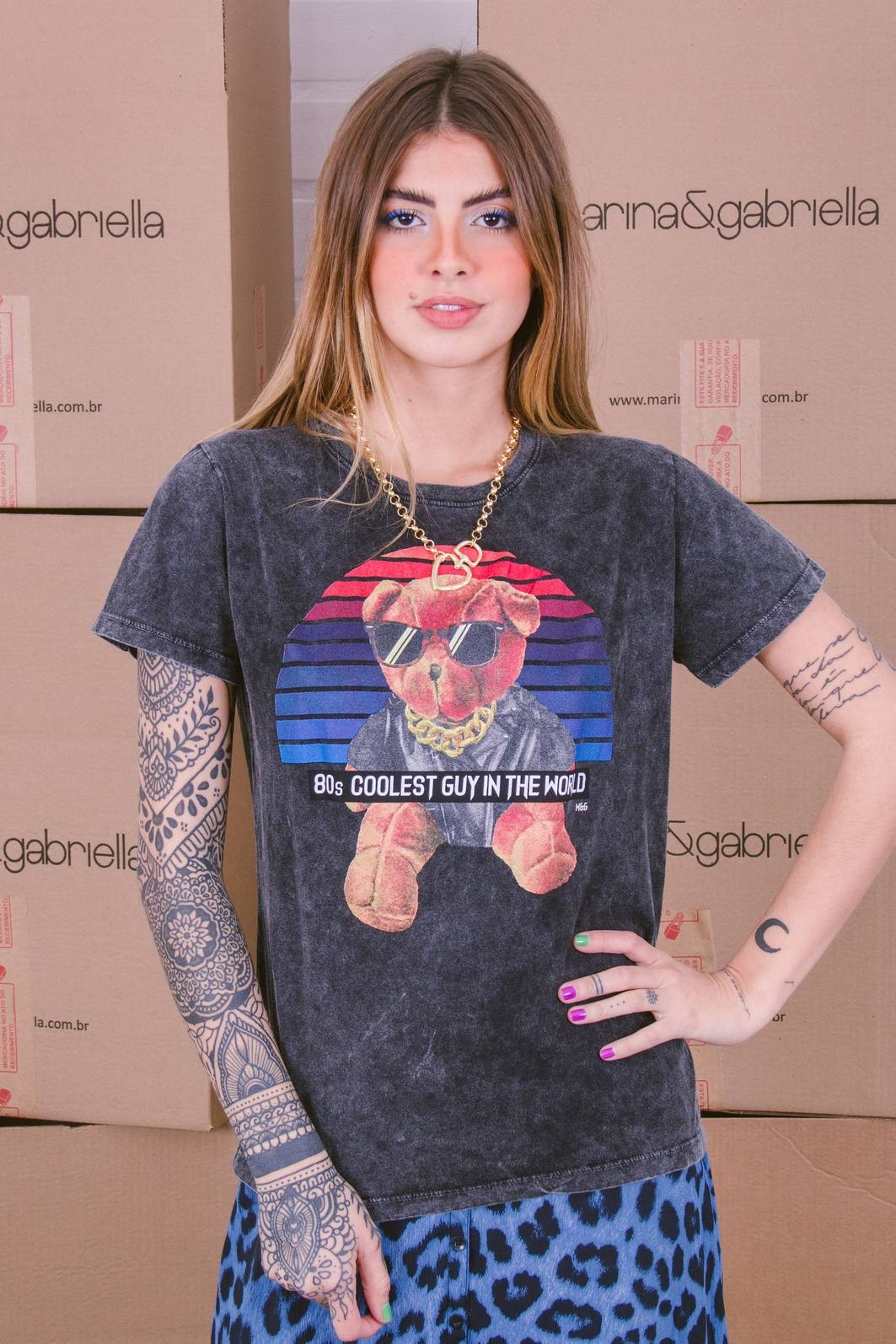 T-SHIRT PRETO MARMORIZADO 80'S COOLEST Marina&Gabriella - Roupas