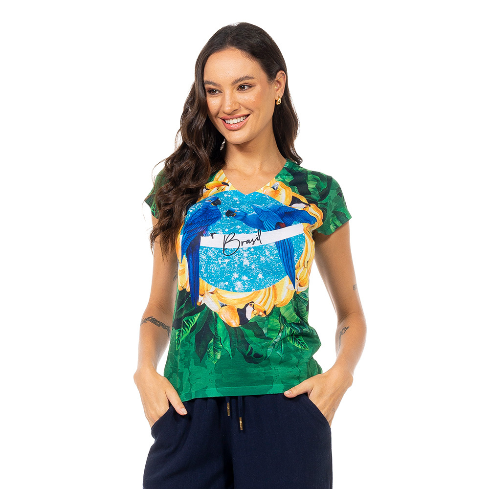 Baby Look Florata Bandeira do Brasil Araras Tucano