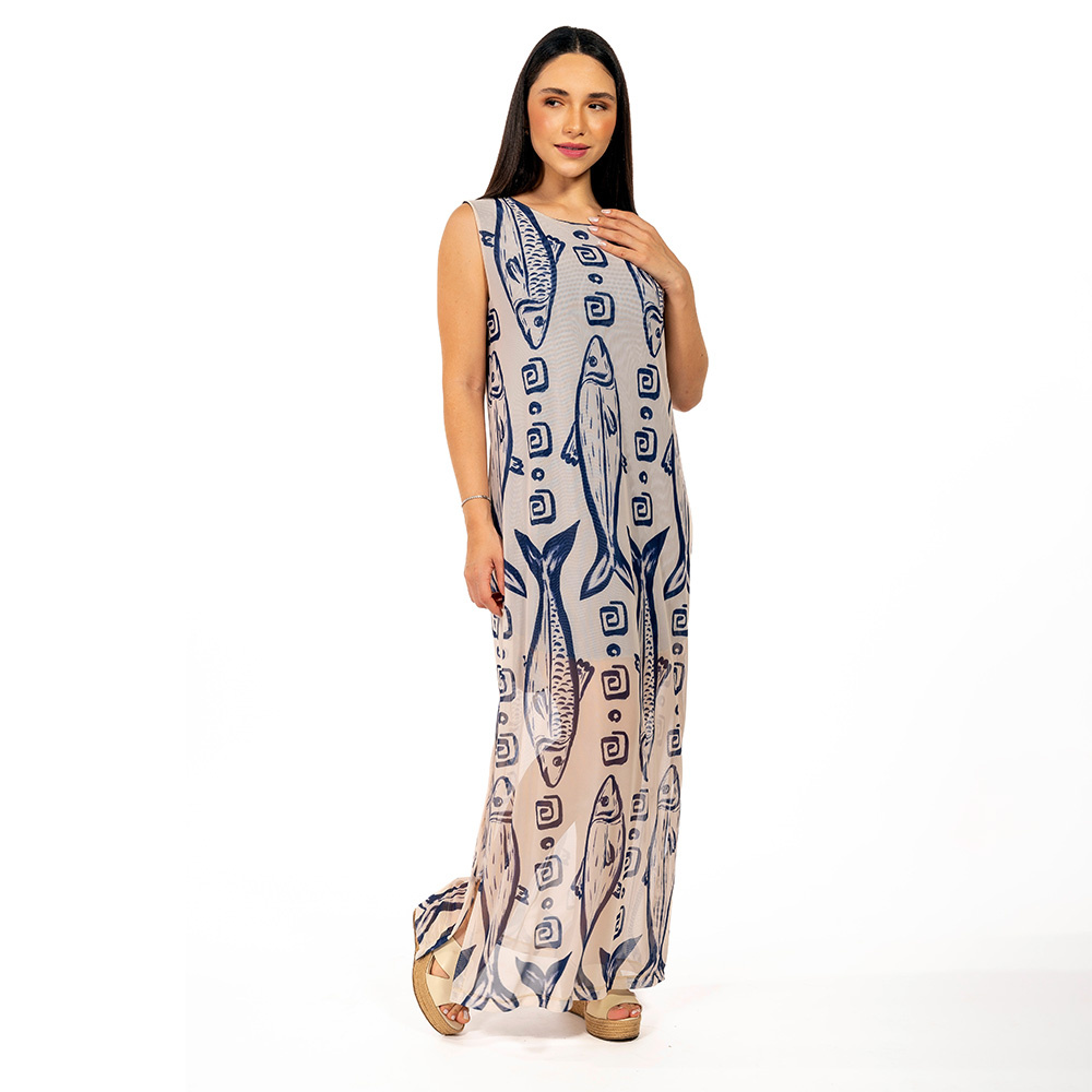 Vestido Estampado Tule Maré Maxi Peixes Fundo Off