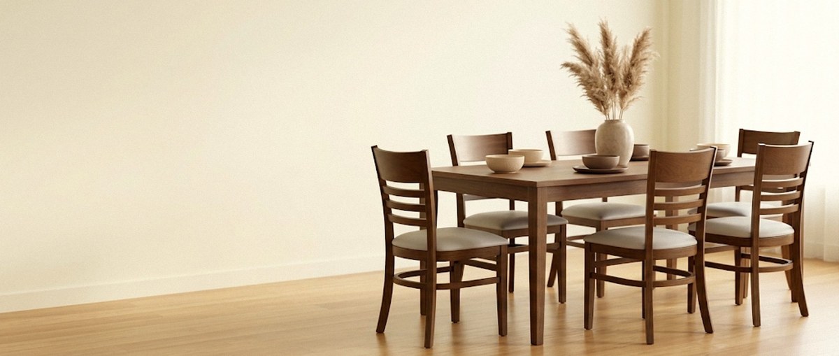 Mesa de jantar em madeira maciça com seis cadeiras Maeve