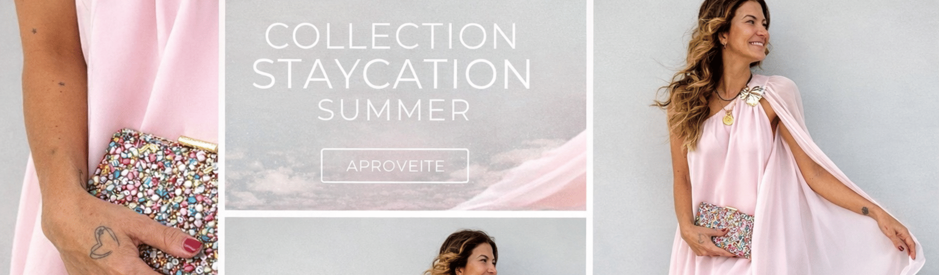 Mulher vestindo vestido fluido rosa claro da coleção Staycation Summer, moda feminina verão com estilo minimalista e sofisticado